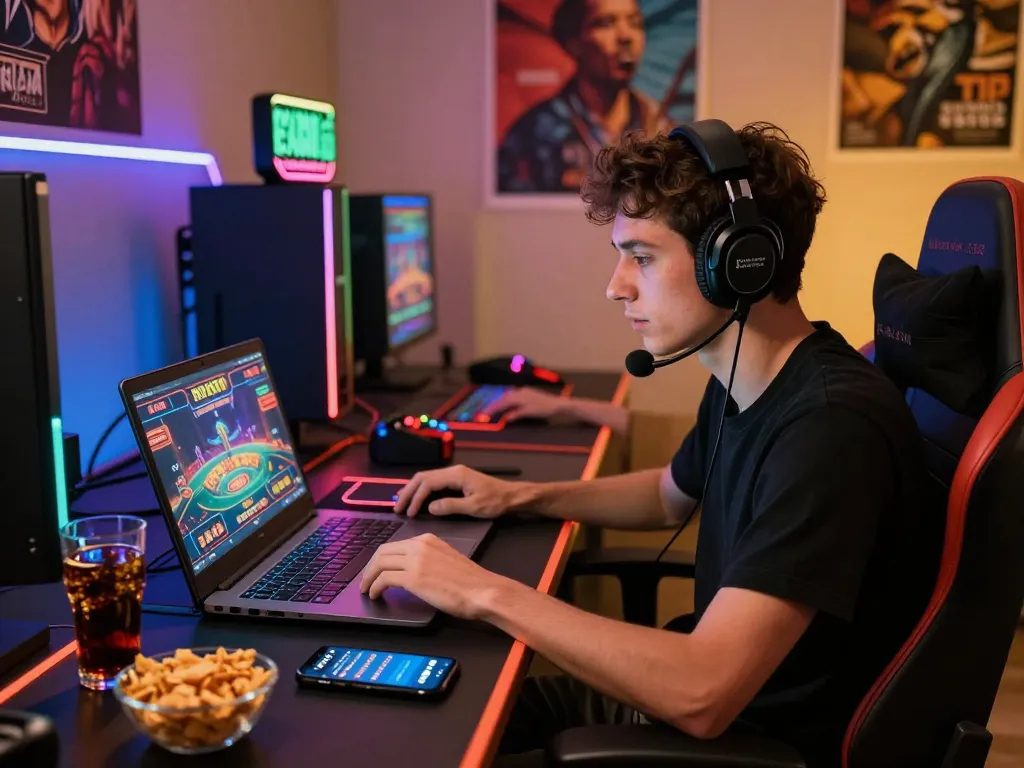 Player enjoying casino gaming experience with man88 on a vibrant laptop setup