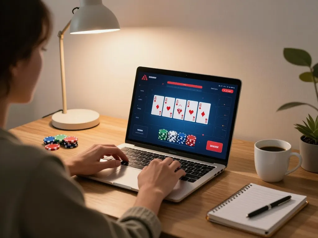 Player strategizing on sam86 poker game interface at cozy home office, showcasing gaming engagement.