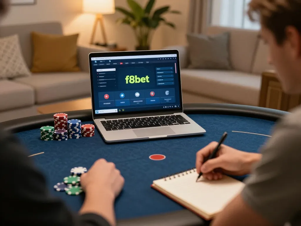 Engaged player using f8bet for Texas Hold'em while documenting strategy notes.