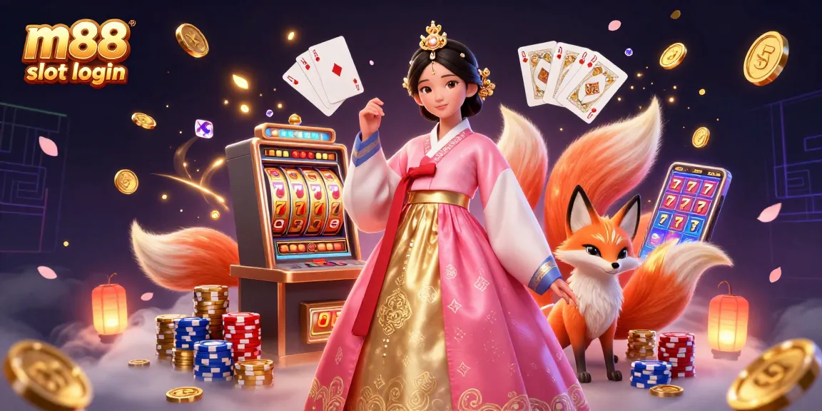 Experience the excitement of m88 slot login with an illustration showcasing a graceful figure and thrilling slot game elements.