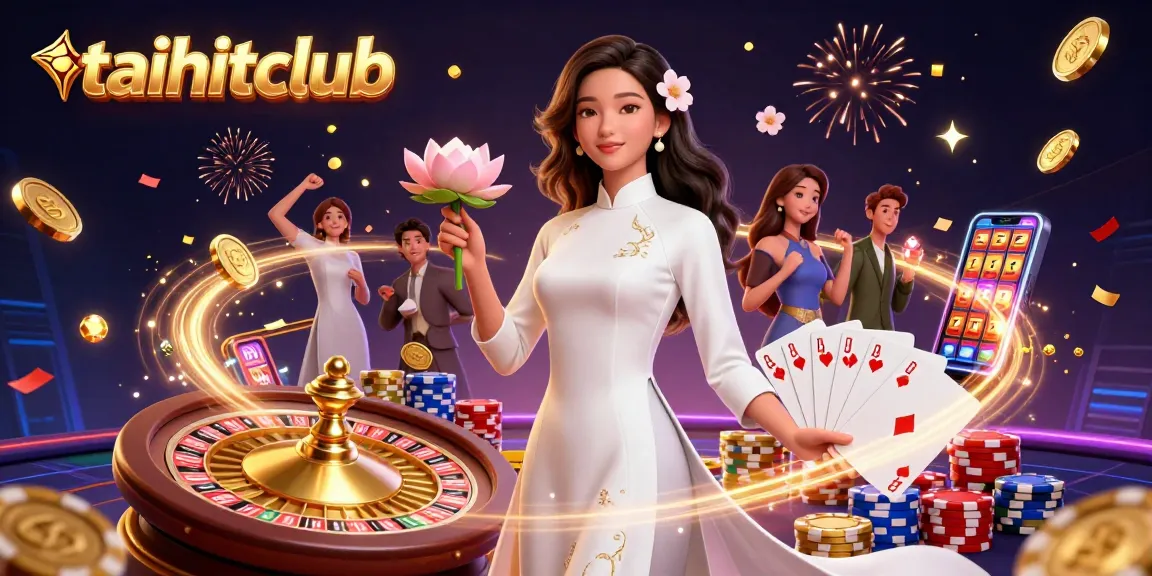 Experience the excitement of taihitclub with a stunning 3D casino illustration showcasing vibrant gaming elements and a graceful character.