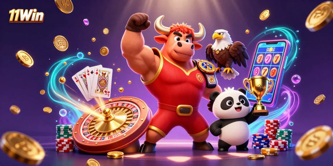 Win big with 11Win as the vibrant 3D scene showcases a celebratory casino atmosphere and dynamic game elements.