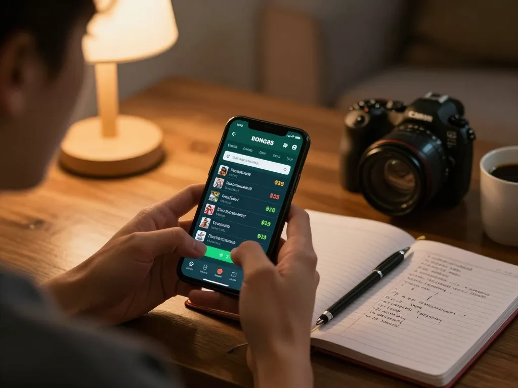Engaged player utilizing nhà cái bong88 app for online sports betting on a smartphone in a cozy home setting