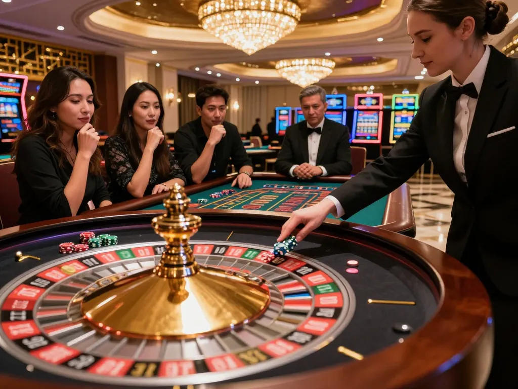 Players engaged at 33winvn roulette table, vibrant chips and exciting atmosphere.