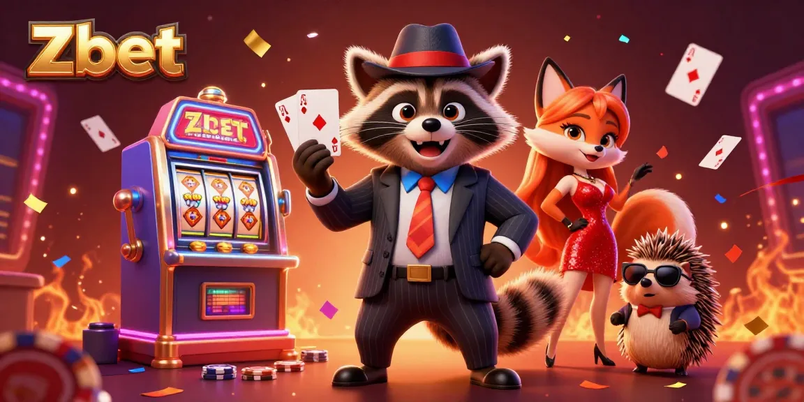 Zbet casino illustration featuring a suave raccoon, elegant fox, and hedgehog amid poker elements and vibrant lights