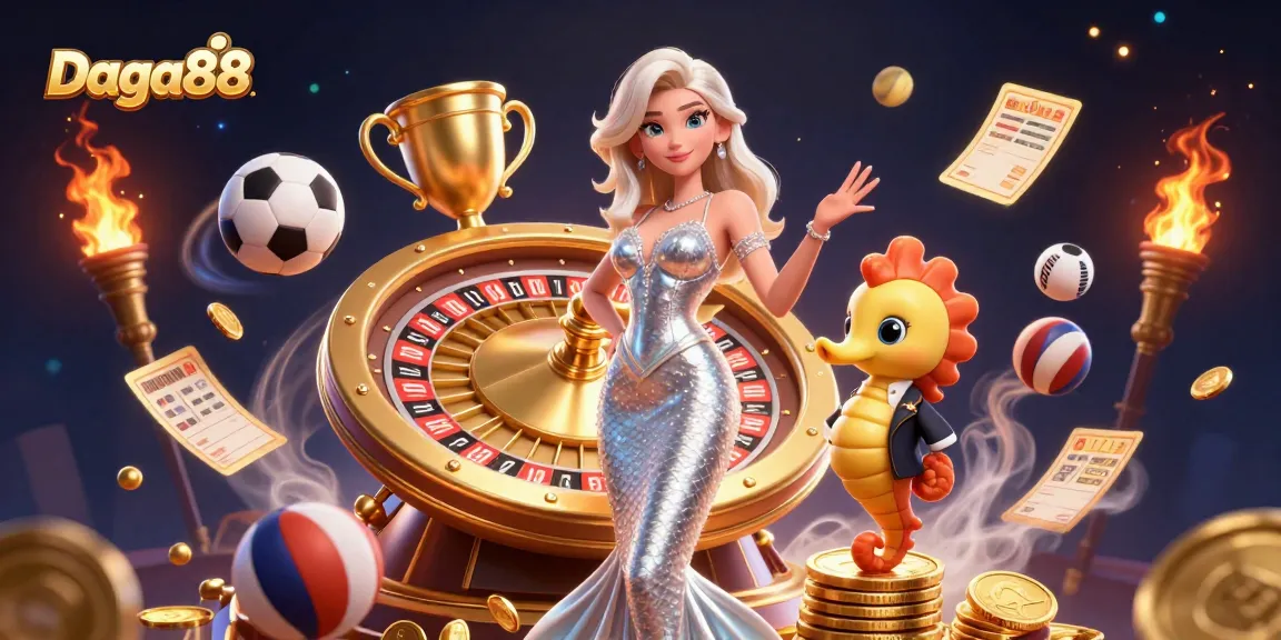 Daga88 offers an exciting online casino experience with vibrant characters at a roulette wheel amidst festive gaming elements.