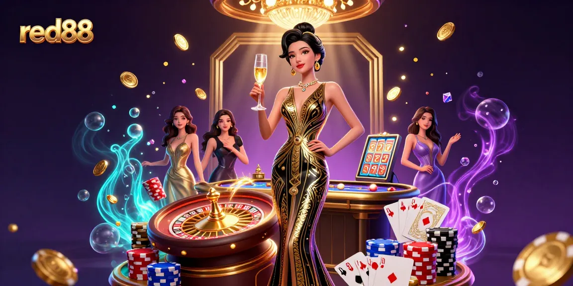 Experience the excitement of red88 with a glamorous Asian woman in a casino setting, surrounded by dynamic game elements.
