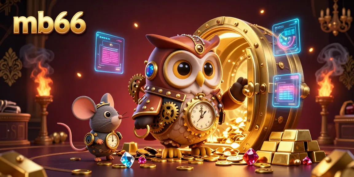 Experience mb66 winnings with a vibrant 3D casino scene showcasing the steampunk owl and treasures.