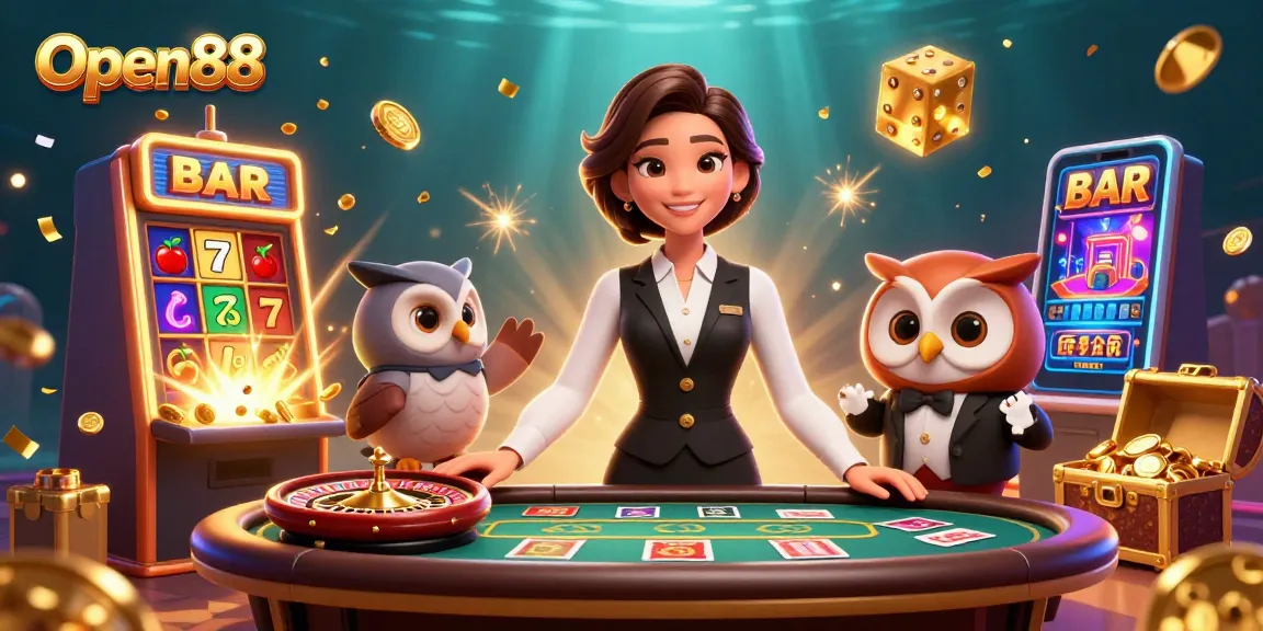 Experience thrilling wins at Open88 with a vibrant 3D casino illustration featuring engaging dealers and games.