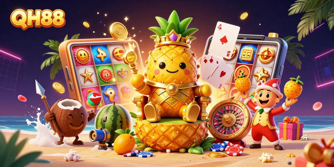 Engage with QH88's vibrant casino scene featuring a golden pineapple king and exciting slot games.