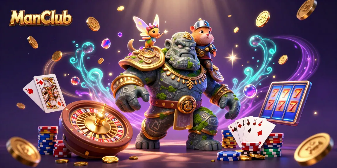 ManClub's dazzling slots and jackpot action with a golem guardian and magical companions in an enchanting casino scene.