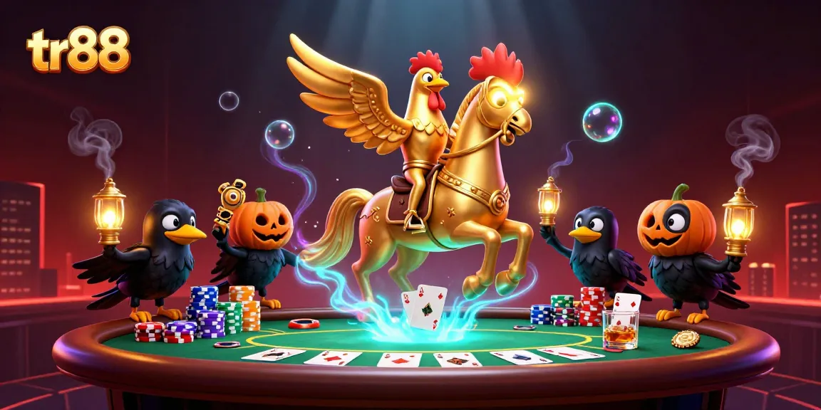 Experience thrilling action at tr88 casino with a golden rooster and pumpkin-headed crows in a vibrant 3D illustration.