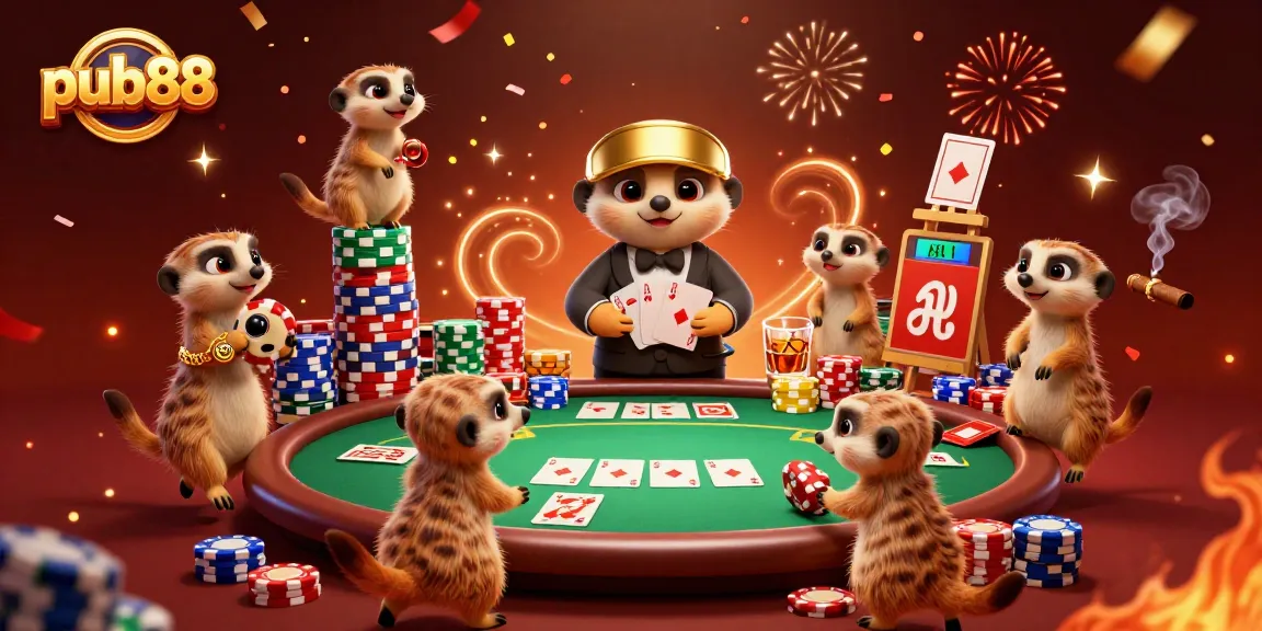 Experience excitement at pub88 with a vibrant meerkat casino scene featuring poker action and celebratory atmosphere.