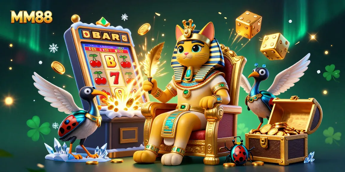 Experience big wins at MM88 with a captivating 3D casino scene of a pharaoh cat amidst jackpot excitement.