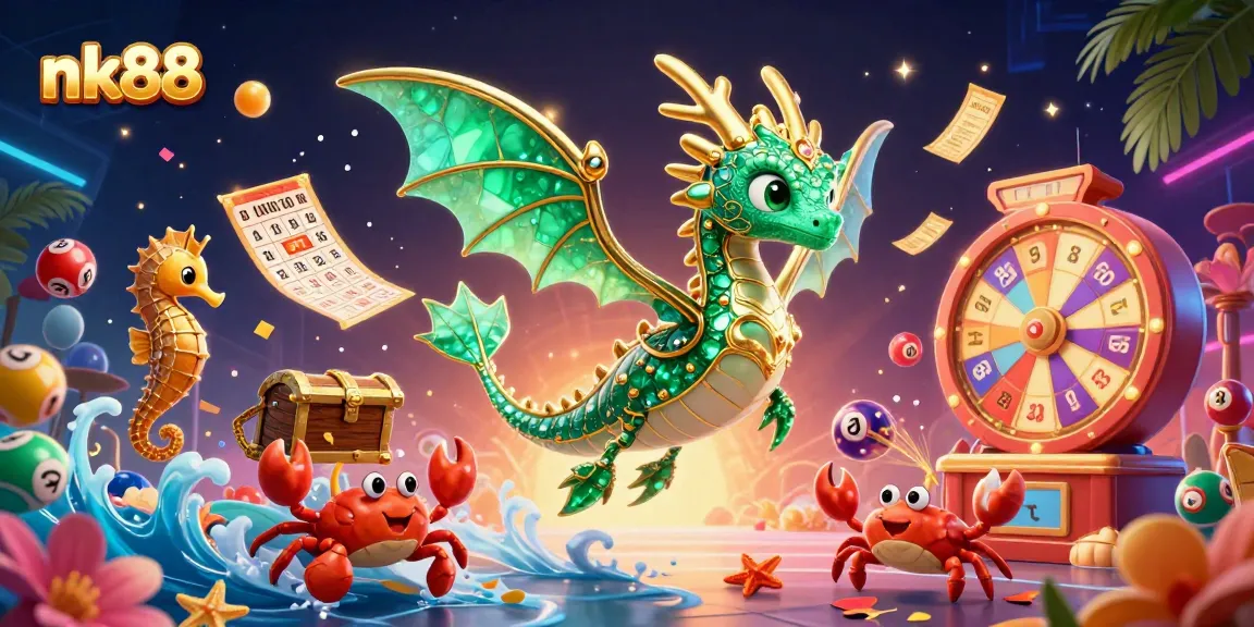 Experience nk88's exciting gaming universe, featuring a vibrant sea dragon and dynamic lottery elements.