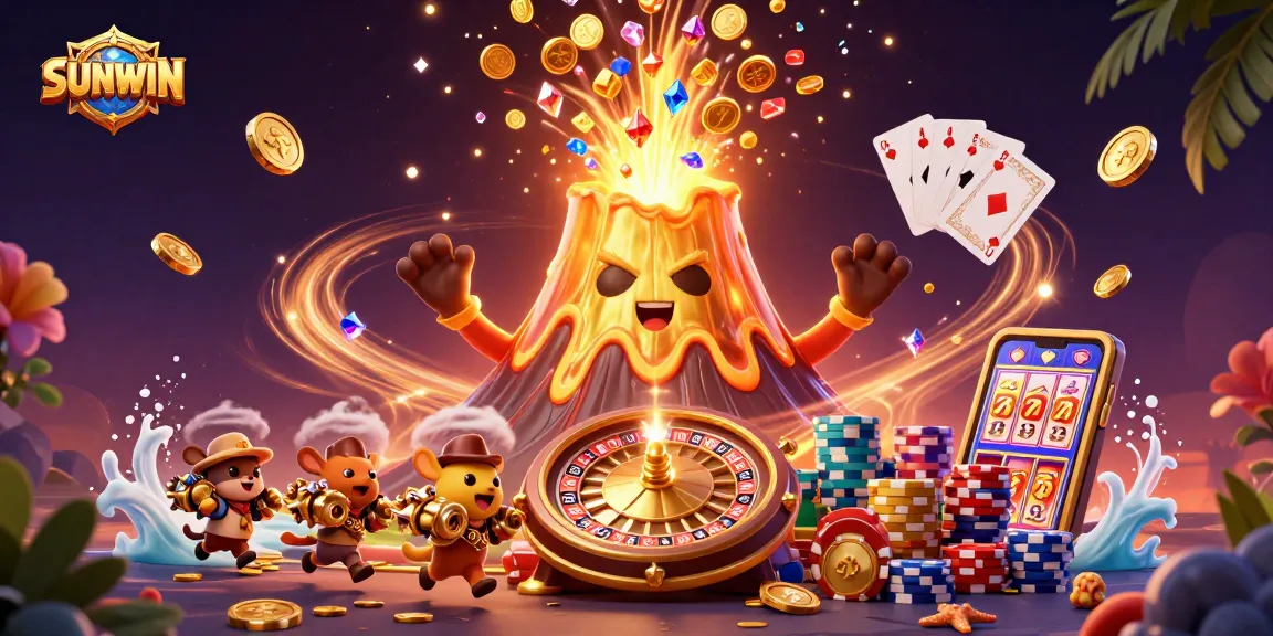 SUNWIN brings excitement with a golden volcano, coins, and treasure flying from a dynamic casino scene.