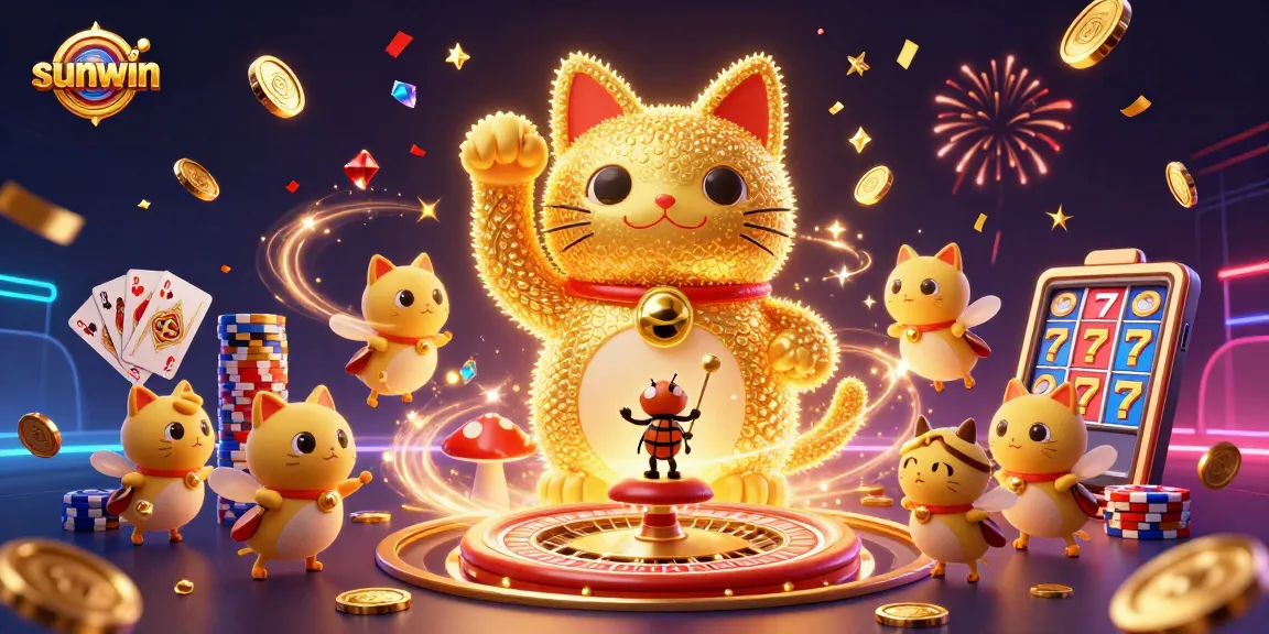 Experience the excitement of sunwin with a vibrant lucky cat made of fireflies surrounded by casino elements.