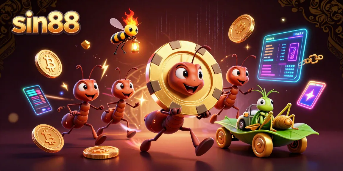 Experience the thrill of sin88 as ants carry a giant poker chip amidst cryptocurrency symbols in a vibrant illustration.